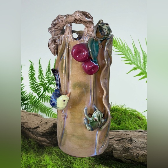 Shiwan Style Blue Glaze Majolica Large Vase w Bird Motif 11”High - Picture 3 of 11